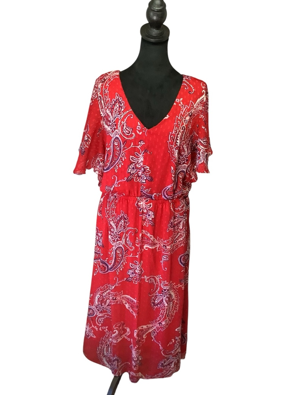 Dana Buchman Red Paisley Chiffon Dress XL Flutter Sleeve Midi Summer Flow